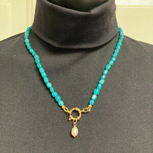 Genuine Pearl Pendant on Green gemstone beaded necklace Large Clasp 18.5 in NEW